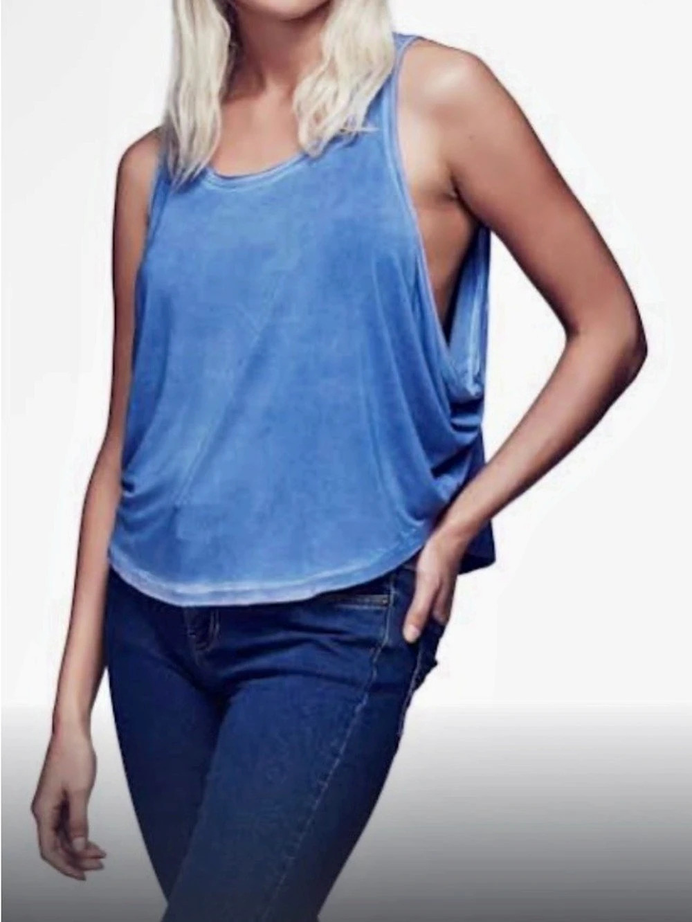 Free People Little Rock Tank Blue Acid Wash Size Small New With Imperfection
